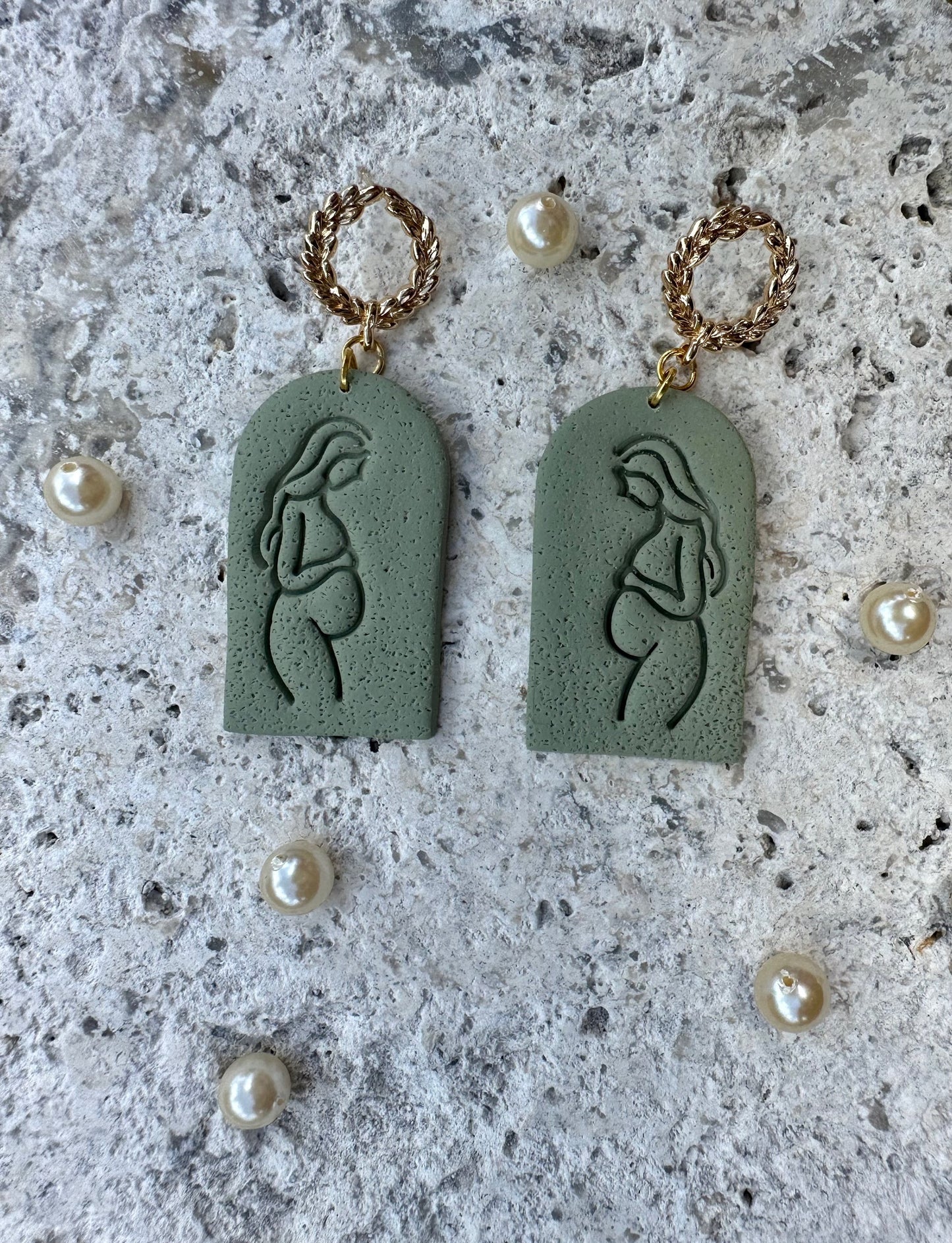 Abrianna – Embossed Pregnant Woman Polymer Clay Earrings with Gold Halo Wreath Post by Tassel Bermuda