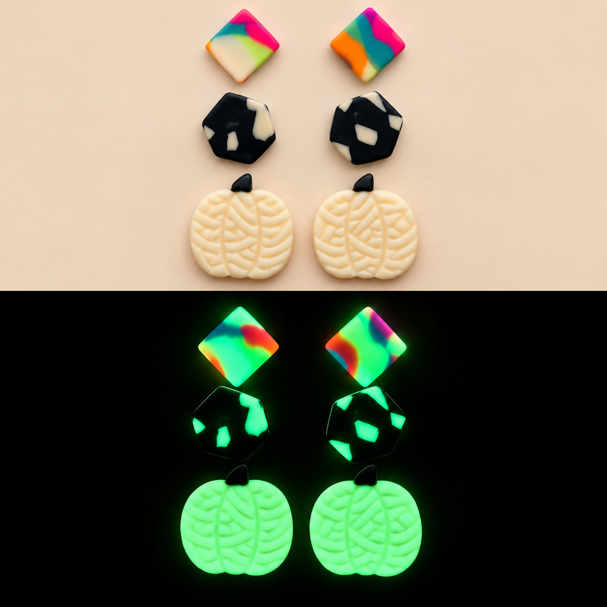 A pair of dangling earrings shown in two panels: the top panel displays the earrings on a warm beige background, and the bottom panel shows them glowing brightly on a black background. The earrings feature a multicolor tie-dye diamond stud, a black marbled hexagonal stud, and a cream-colored pumpkin-shaped drop.