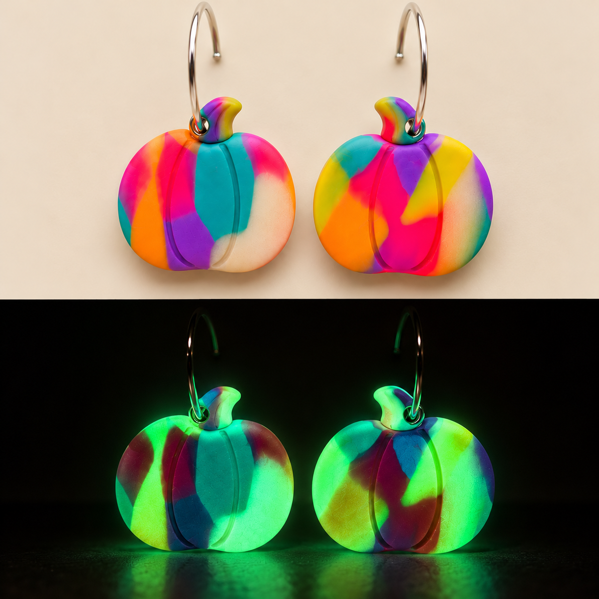 Two pairs of pumpkin-shaped dangle earrings with silver hooks, shown in daylight and in the dark. The daylight top image features a marbled pattern of orange, pink, purple, blue, and yellow on a beige background.