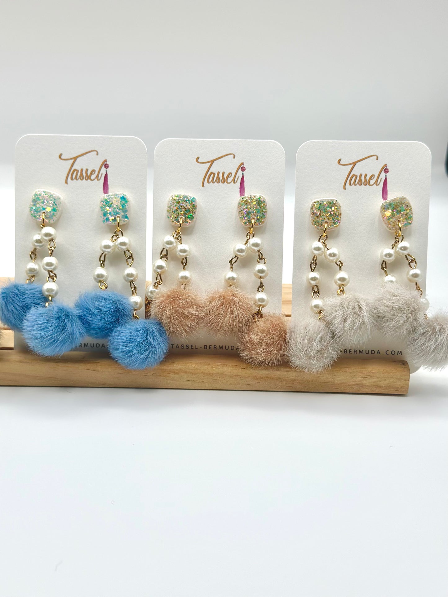 Handcrafted Chandelier Earrings with Pom-Poms, Pearls, and Glitter Resin Polymer Clay