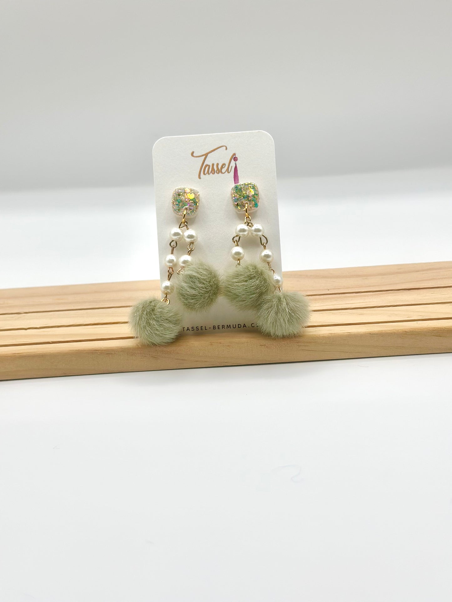 Handcrafted Chandelier Earrings with Pom-Poms, Pearls, and Glitter Resin Polymer Clay