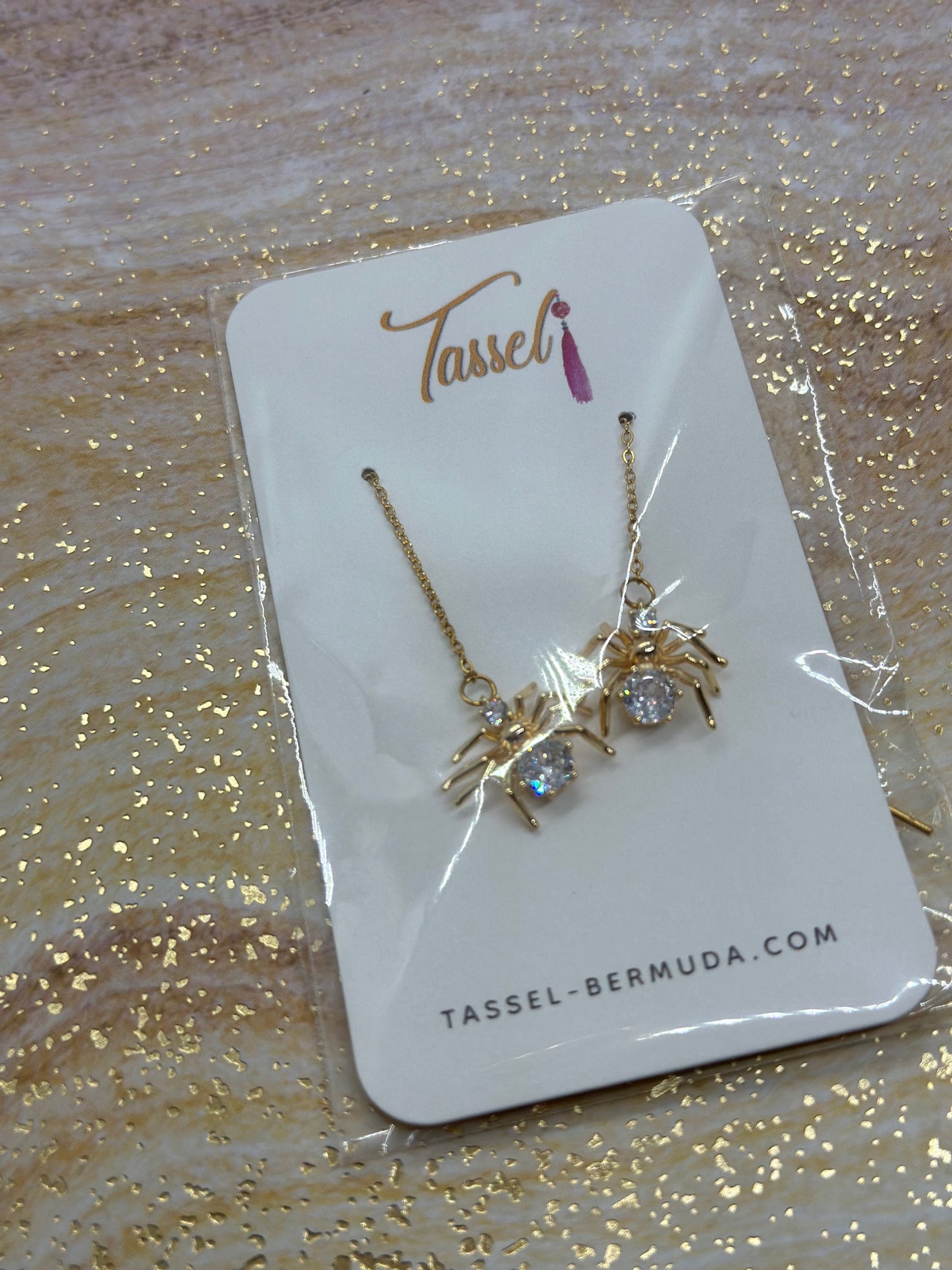 Gold Spider Earrings with Crystal Accent on Cascading Chain – Inspired by Charlotte’s Web – Handcrafted by Tassel Bermuda