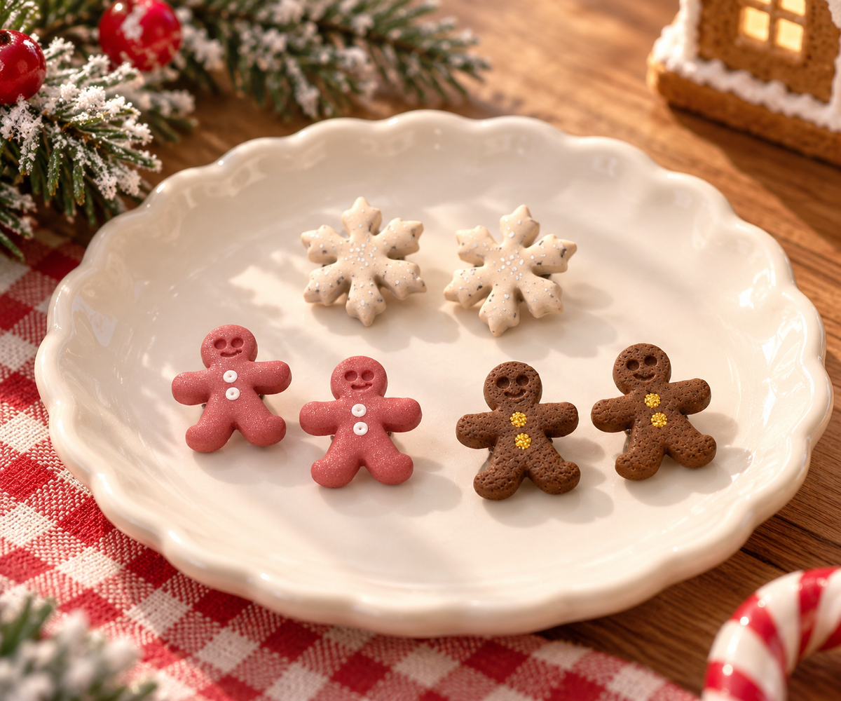 Christmas polymer clay stud earring set with white snowflakes, pink gingerbread and brown gingerbread earrings by Tassel Bermuda