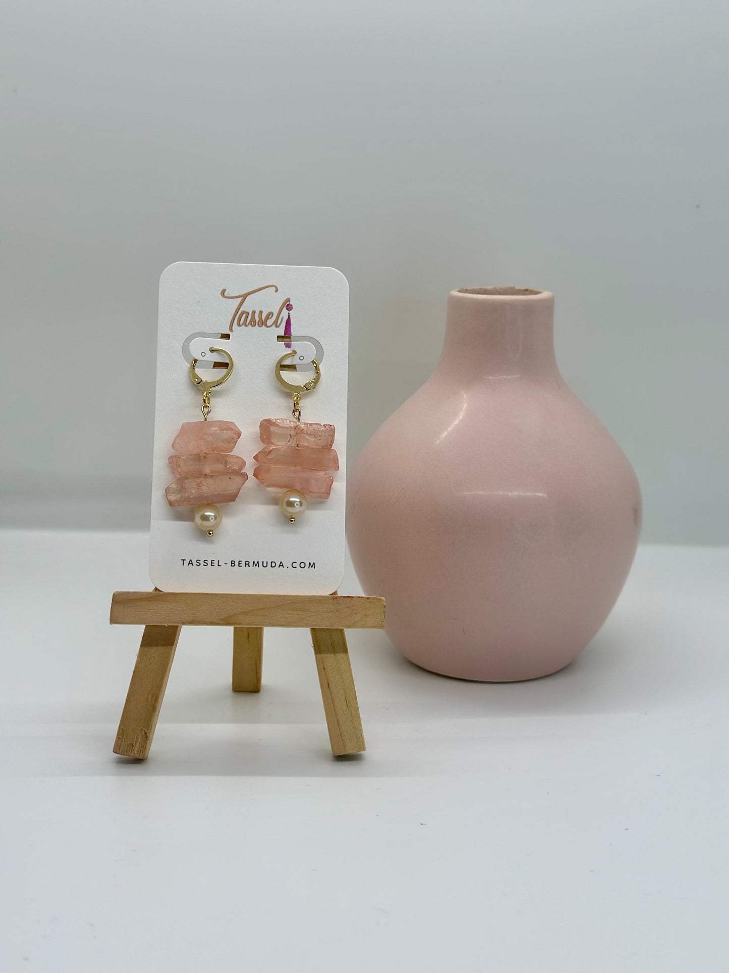 Crystal Caves earrings with colorful gemstone details and pearl bead dangle, inspired by Bermuda’s natural cave formations.
