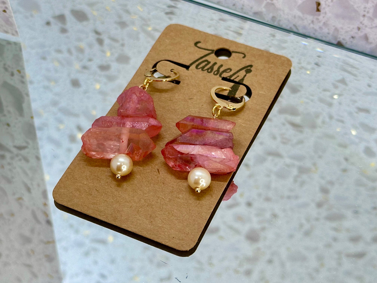 Crystal Caves earrings with colorful gemstone details and pearl bead dangle, inspired by Bermuda’s natural cave formations.