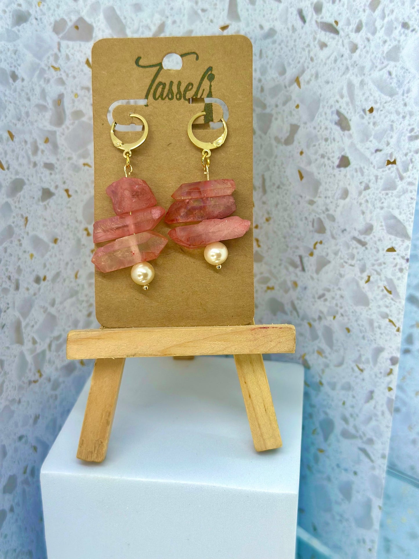 Crystal Caves earrings with colorful gemstone details and pearl bead dangle, inspired by Bermuda’s natural cave formations.