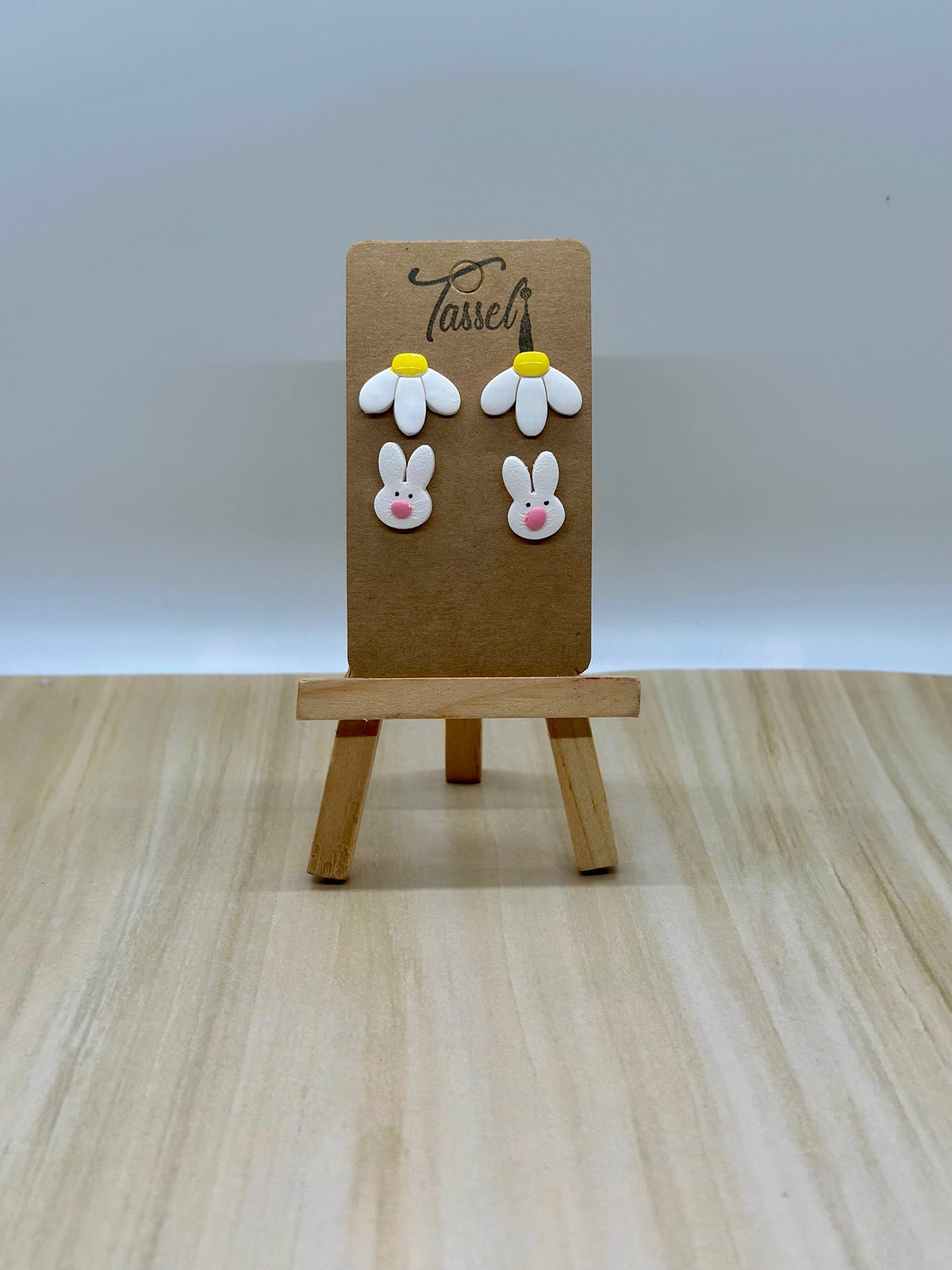 Easter Stud Set featuring polymer clay hand-painted daisy studs and white bunny studs, perfect for Easter gifting.