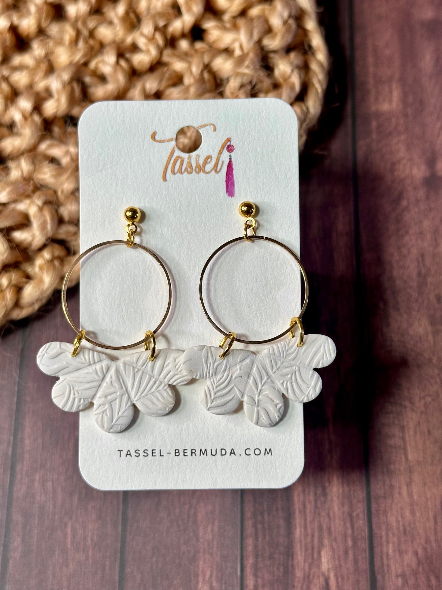 Ivory Grove polymer clay dangle earrings featuring soft ivory tones and delicate floral leaf-inspired designs, elegant and handcrafted.