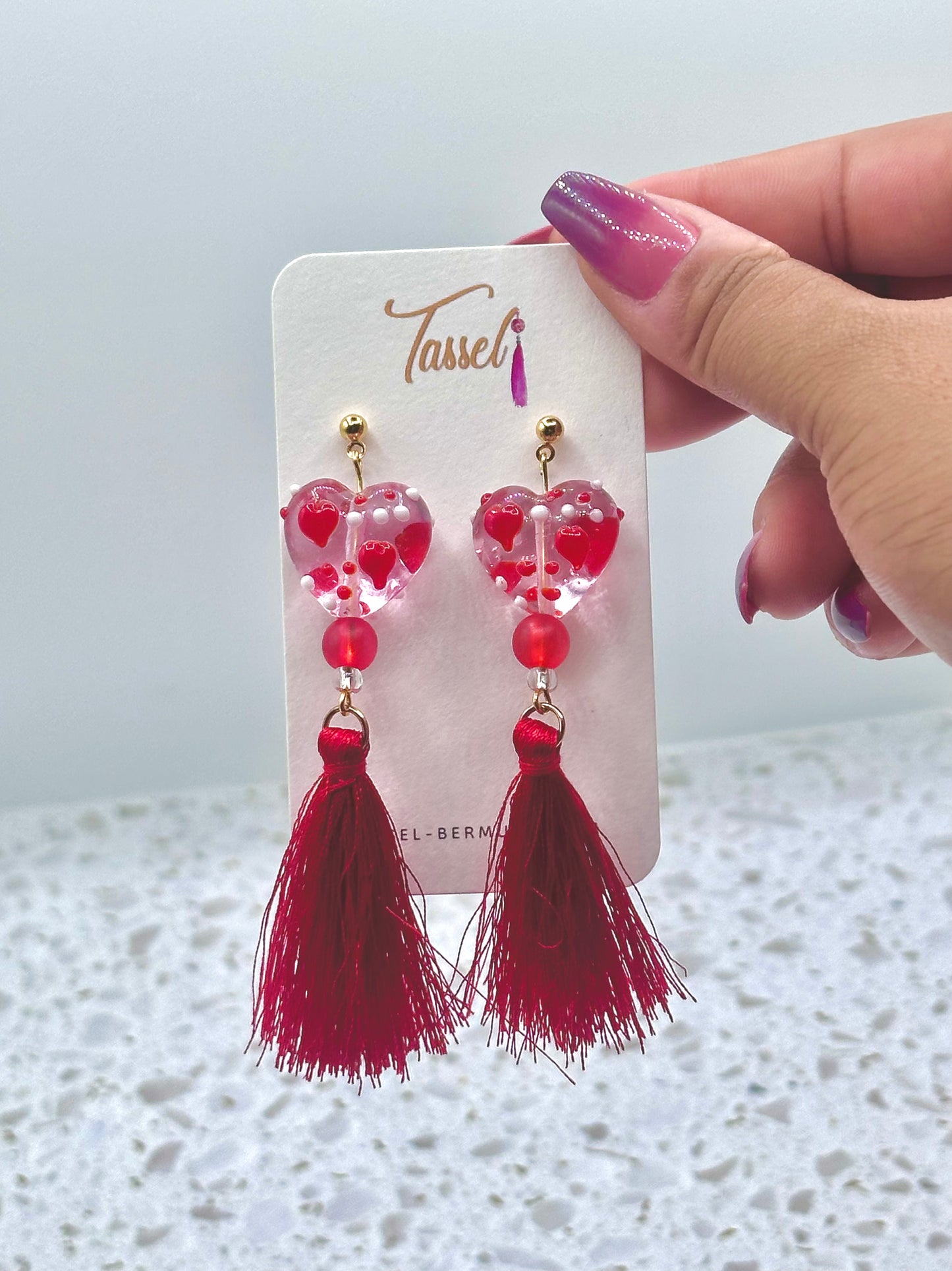 Handcrafted Red Heart-Shaped Glass Bead Dangle Earrings with Signature Tassels