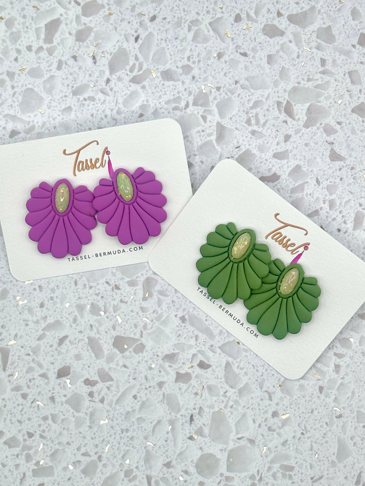 Handcrafted Scalloped Embossed Polymer Clay Stud Earrings with Glitter Jewel Accent