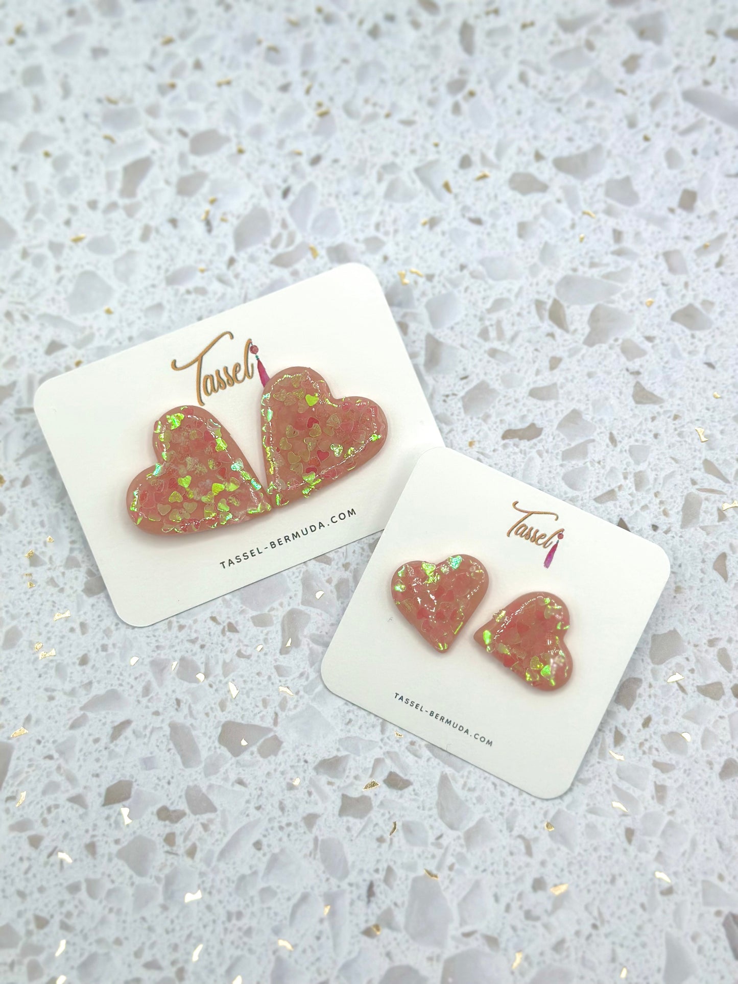 Handcrafted Pink Heart-Shaped Stud Earrings with Glitter and Resin Finish – Available in Small & Large