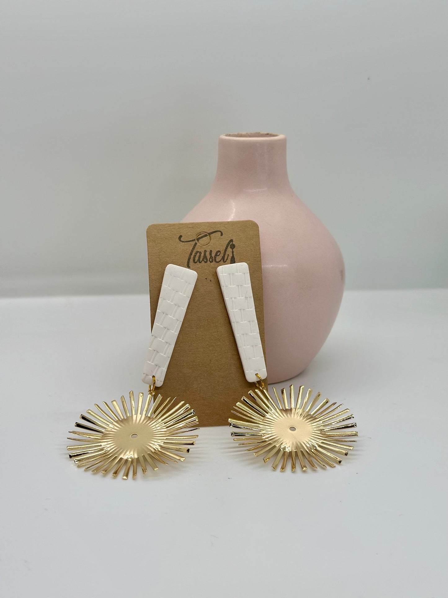 Morning – White Woven Polymer Clay Dangle Earrings with Gold Sunburst Pendant by Tassel Bermuda