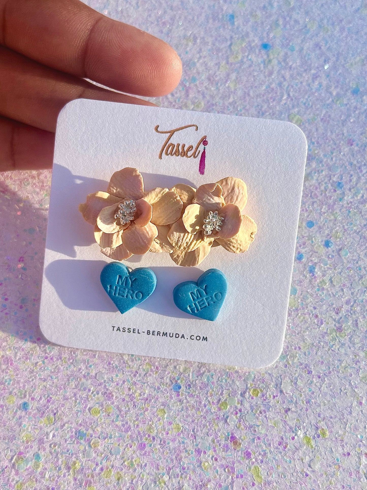 My Hero stud earring set with floral and heart polymer clay designs