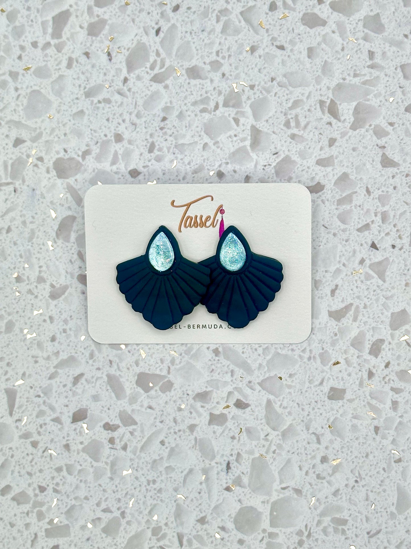 Handcrafted Black Scalloped Embossed Polymer Clay Stud Earrings with Glitter Jewel Accent