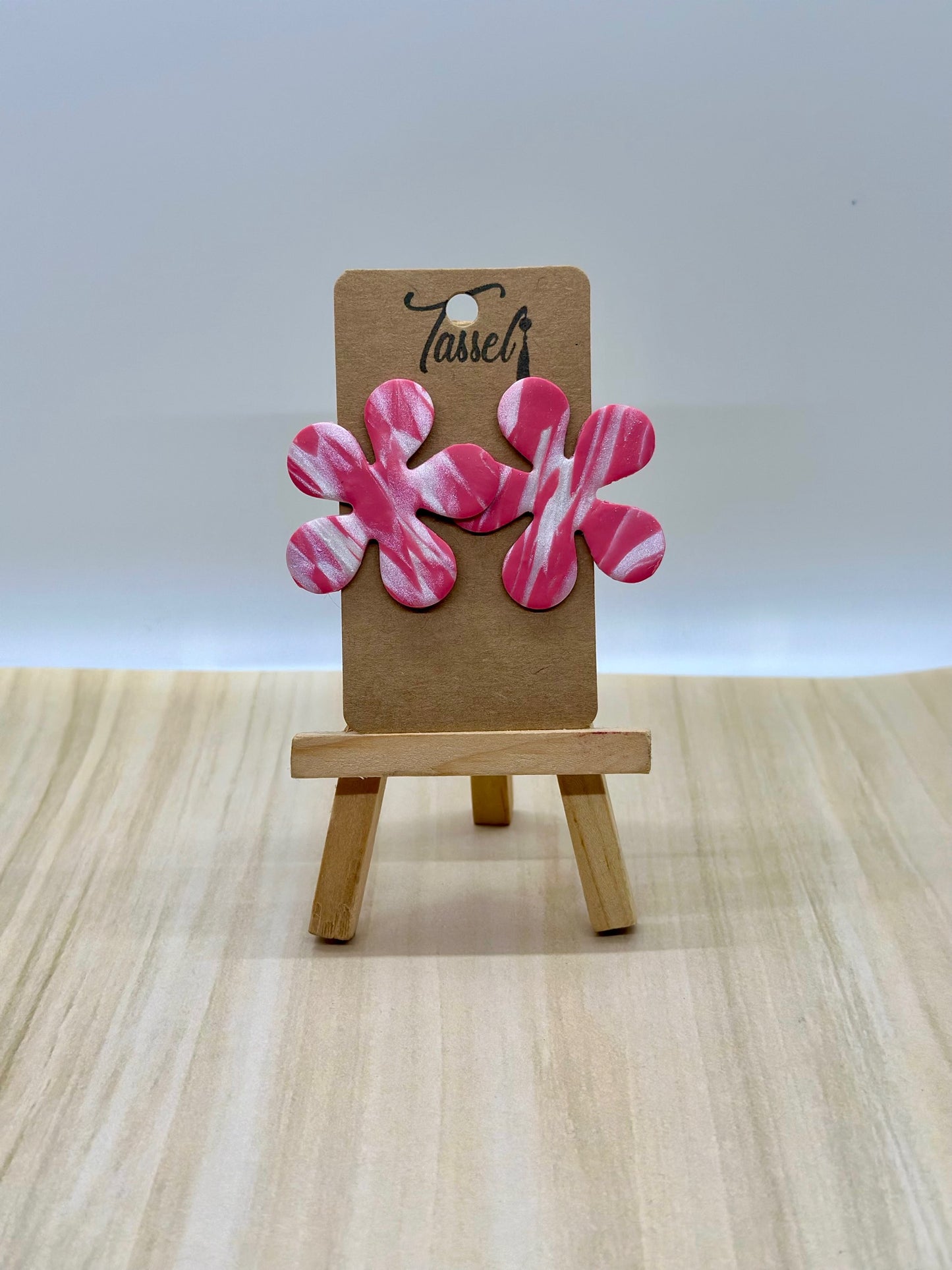 Pink Blossom polymer clay stud earrings in bold flower shape with pink and silver clay mix.