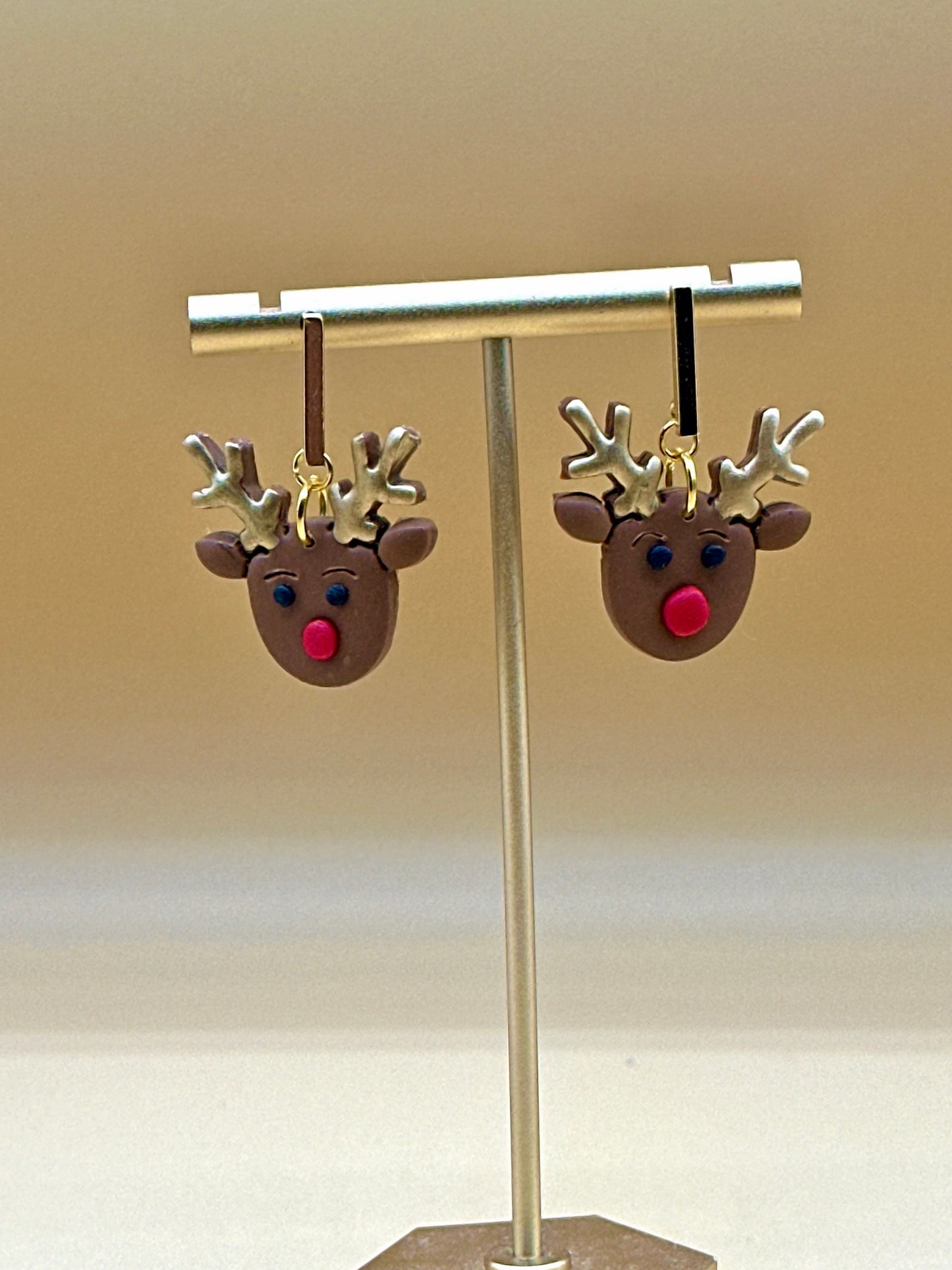 Handcrafted Brown Polymer Clay Reindeer Earrings with Red Nose and Gold or Silver Antlers