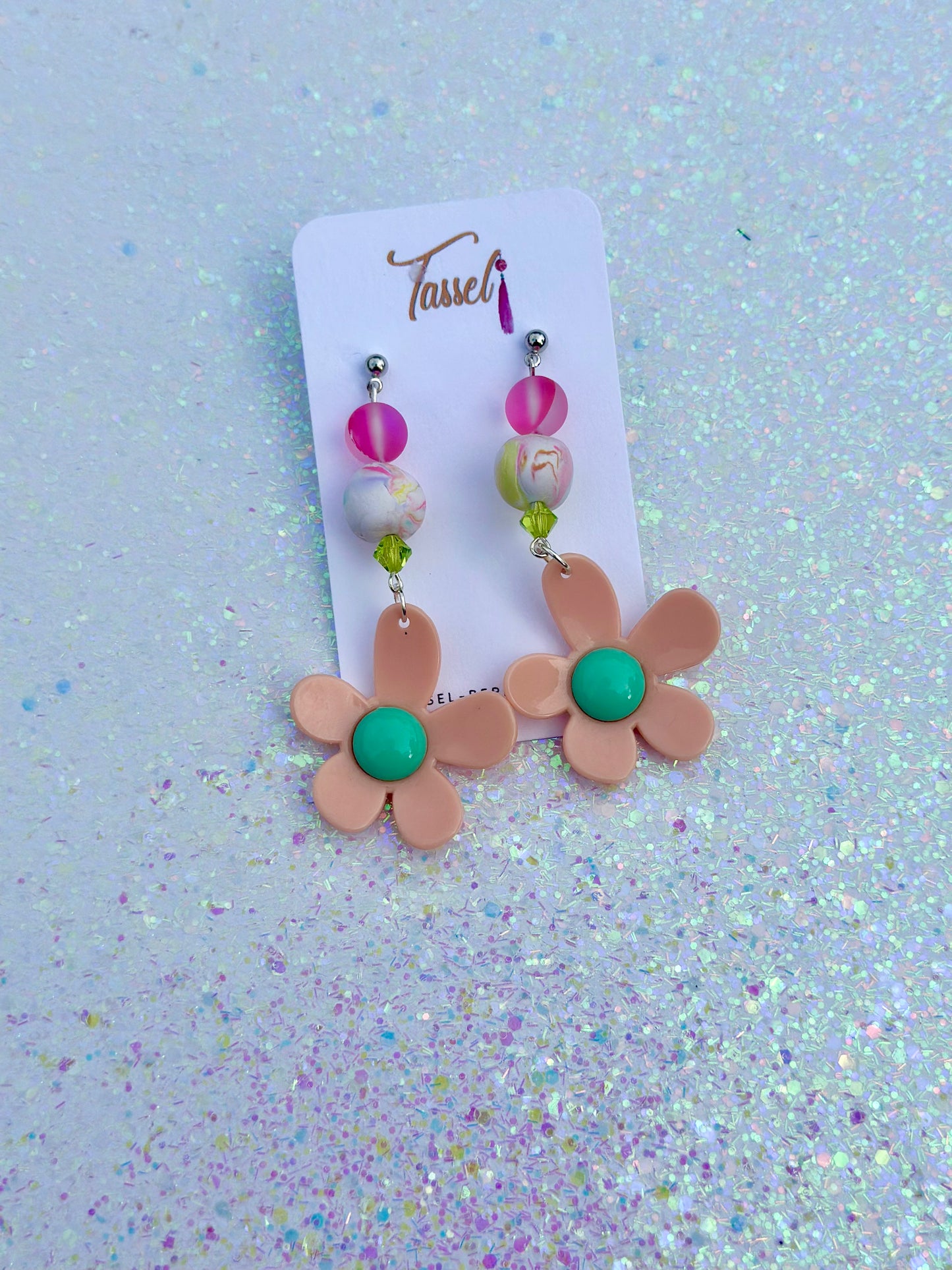 Bright pastel flower earrings with polymer clay and glass beads