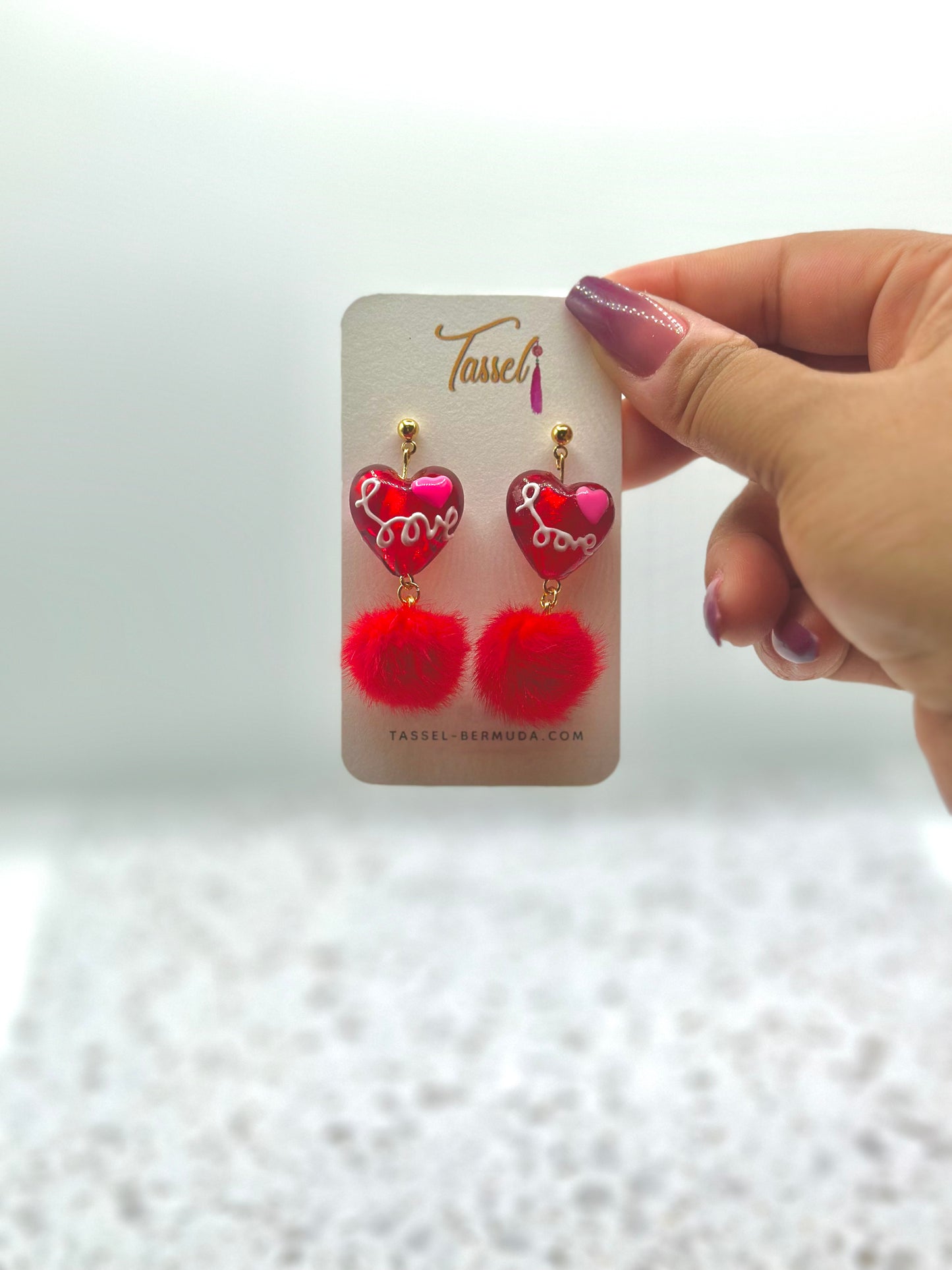Handcrafted Heart-Shaped Glass Bead Dangle Earrings with "Love" and Fuzzy Pom-Poms