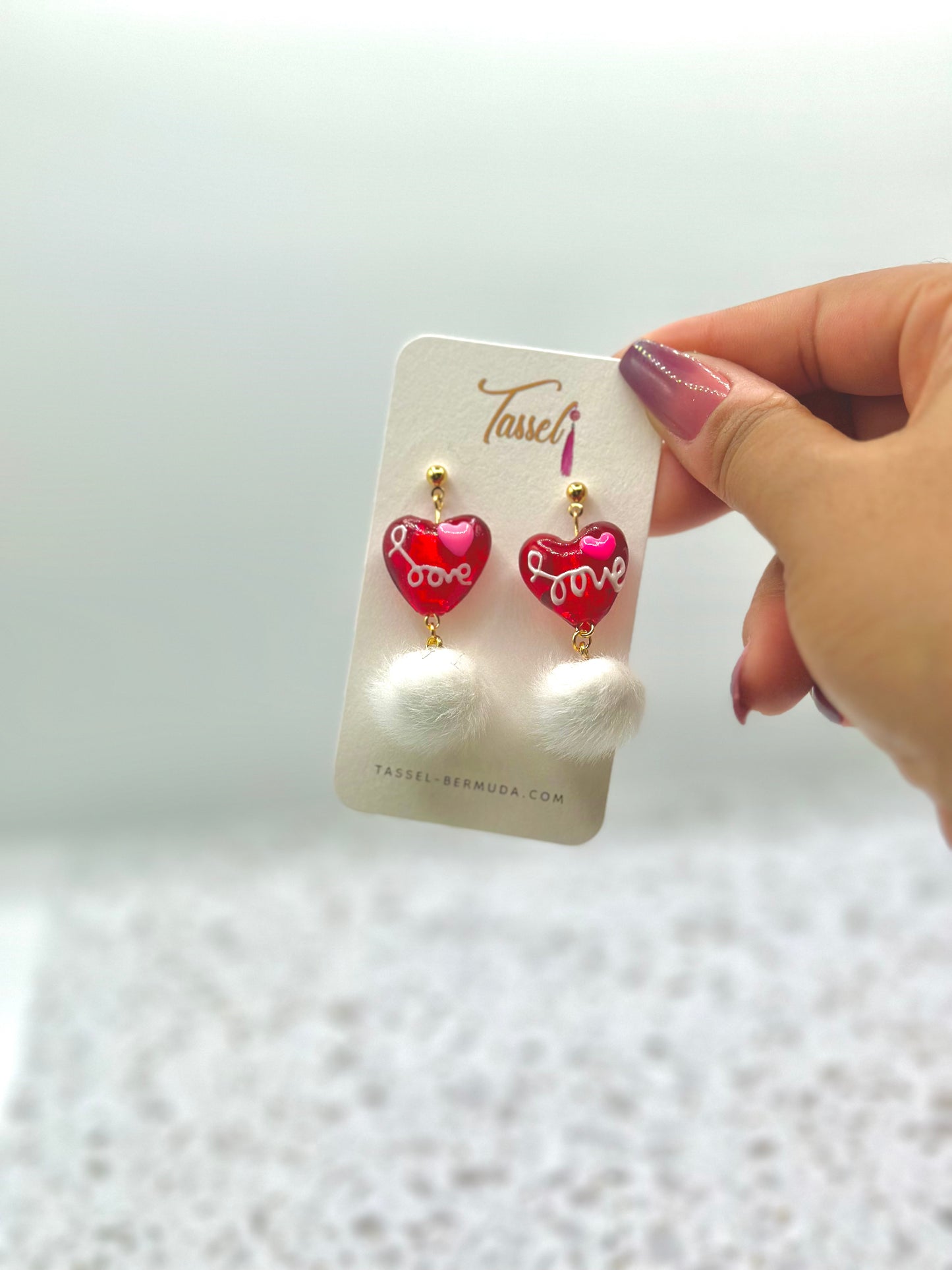 Handcrafted Heart-Shaped Glass Bead Dangle Earrings with "Love" and Fuzzy Pom-Poms