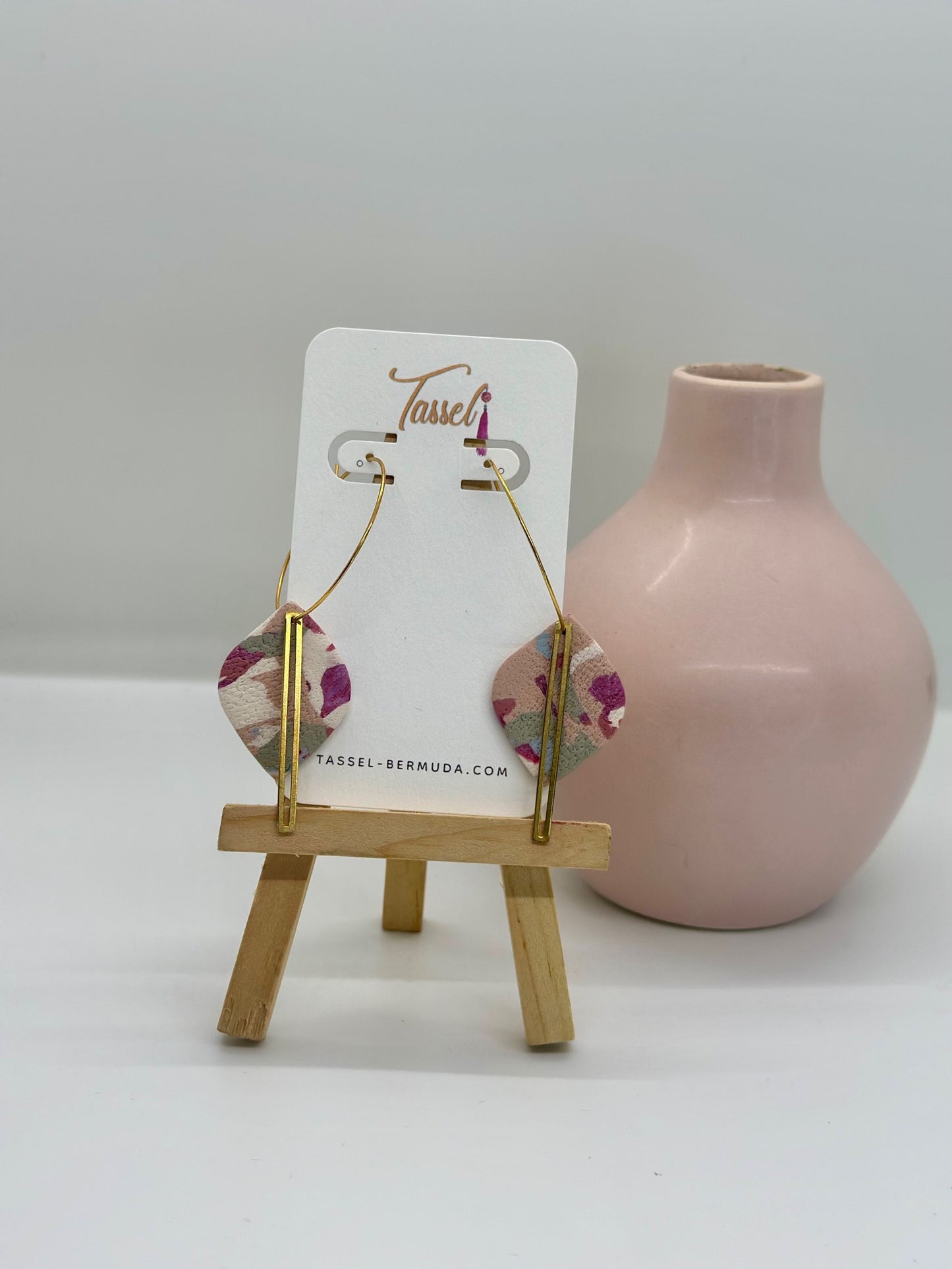 Solara Hoops – Multicolor Pink & Earth Tone Polymer Clay Hoop Earrings with Gold Sunburst Accents by Tassel Bermuda