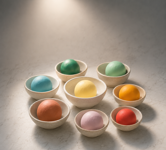 Multiple balls of clay in bowl with spotlight shining on them