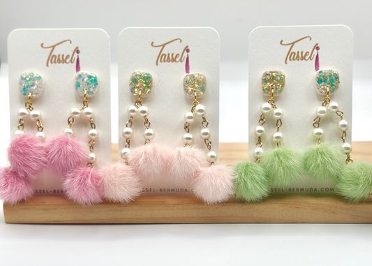 Handcrafted Chandelier Earrings with Pom-Poms, Pearls, and Glitter Resin Polymer Clay