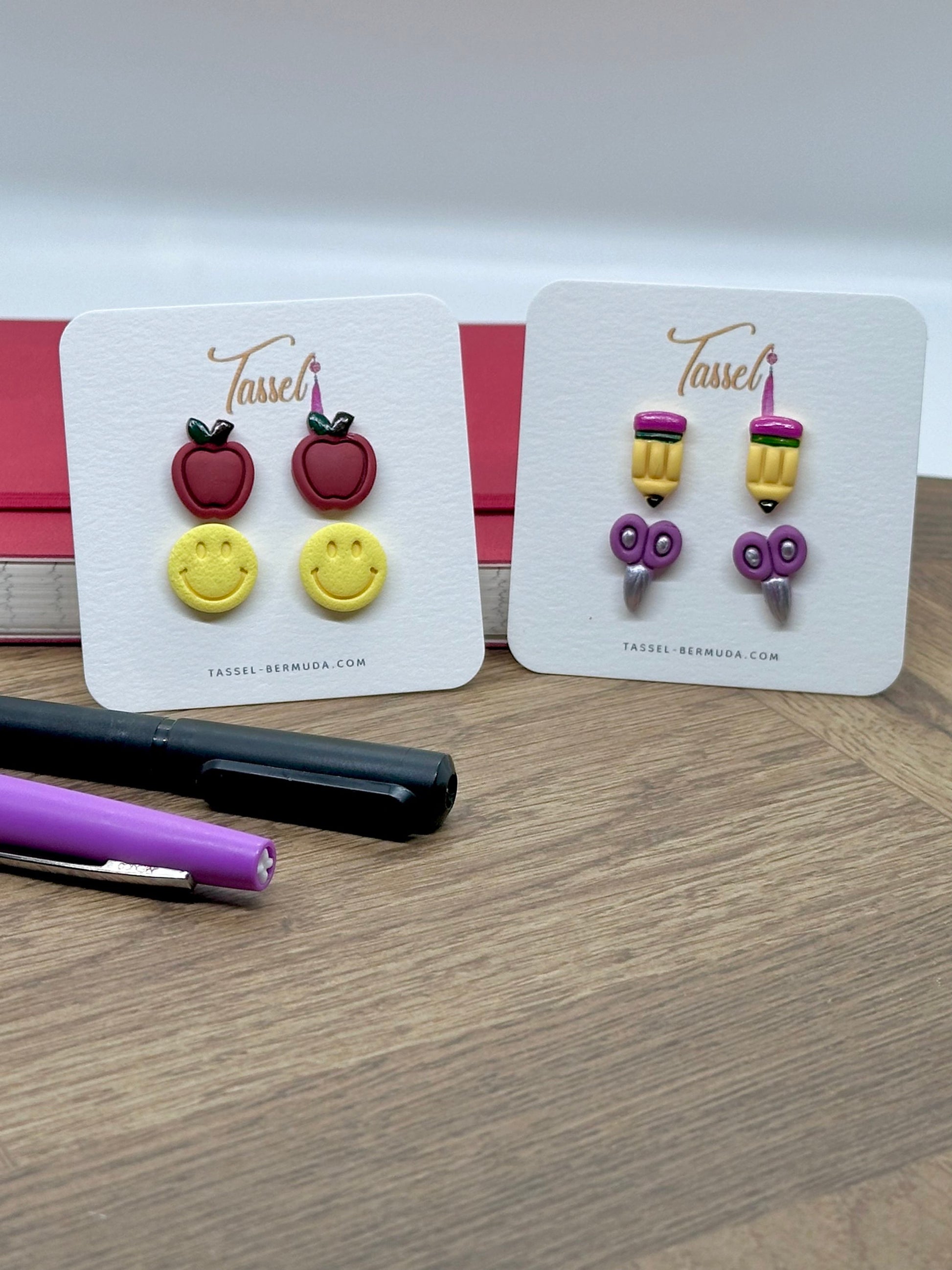 Back To School Stud Earrings Set with Apple, Smiley Face, Pencil, and Scissors – Handcrafted Polymer Clay
