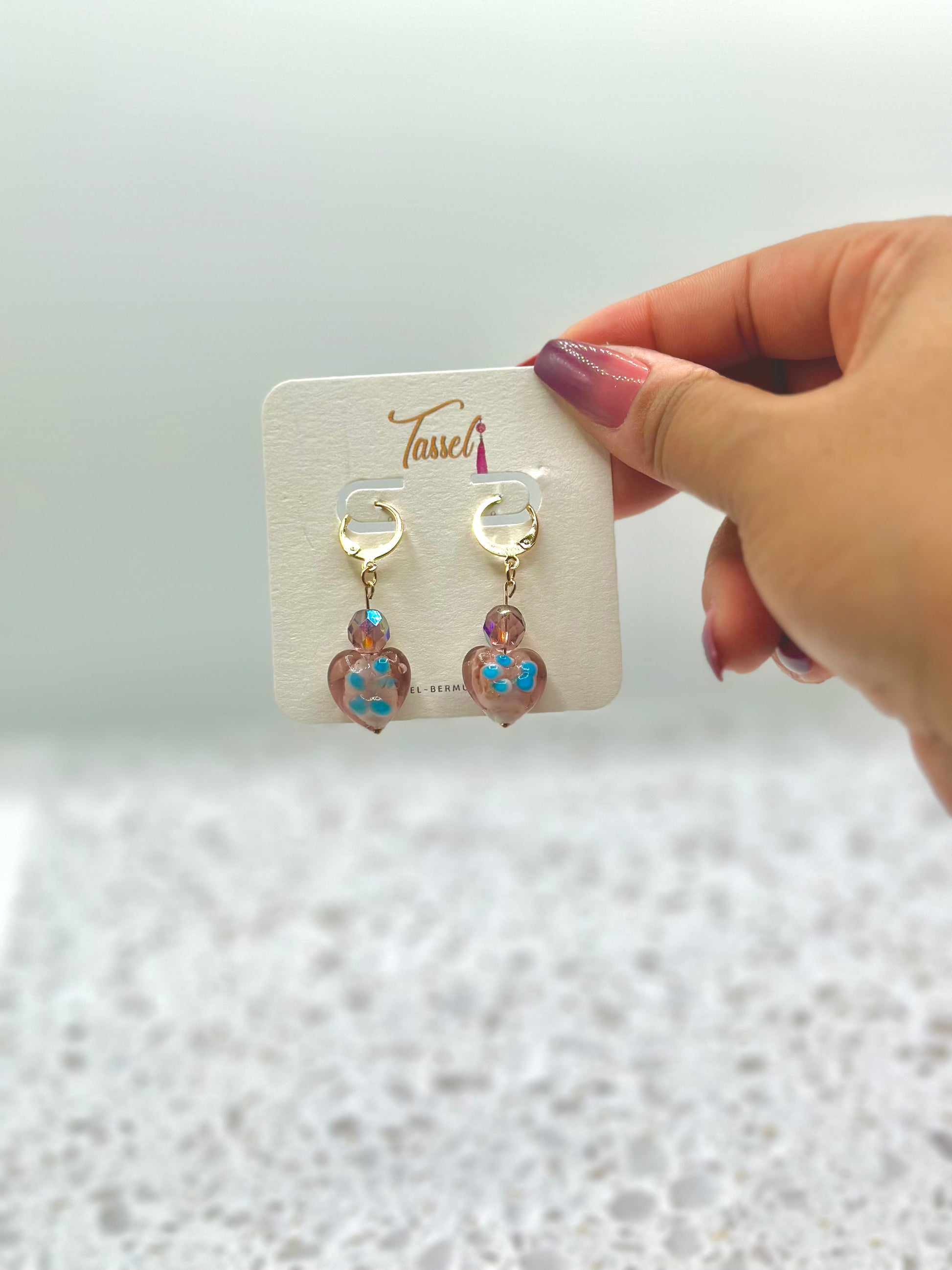 Handcrafted Blue & Purple Heart-Shaped Glass Bead Dangle Earrings with Huggie Hoops