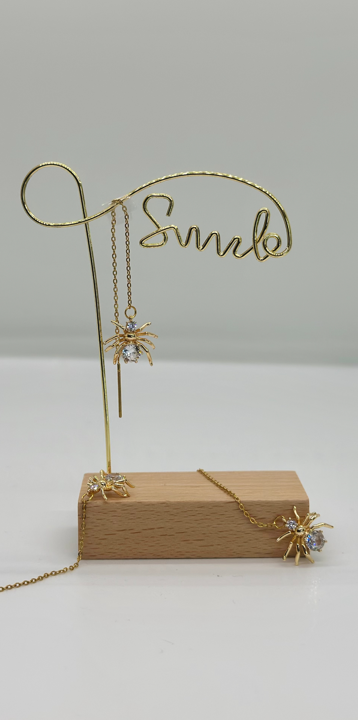 Gold Spider Earrings with Crystal Accent on Cascading Chain – Inspired by Charlotte’s Web – Handcrafted by Tassel Bermuda