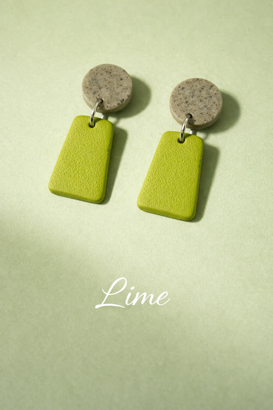 Pair of earrings with green rectangular base and brown stone texture circular tops on a light green background.