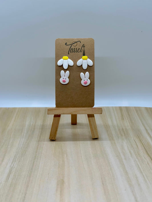 Easter Stud Set featuring polymer clay hand-painted daisy studs and white bunny studs, perfect for Easter gifting.