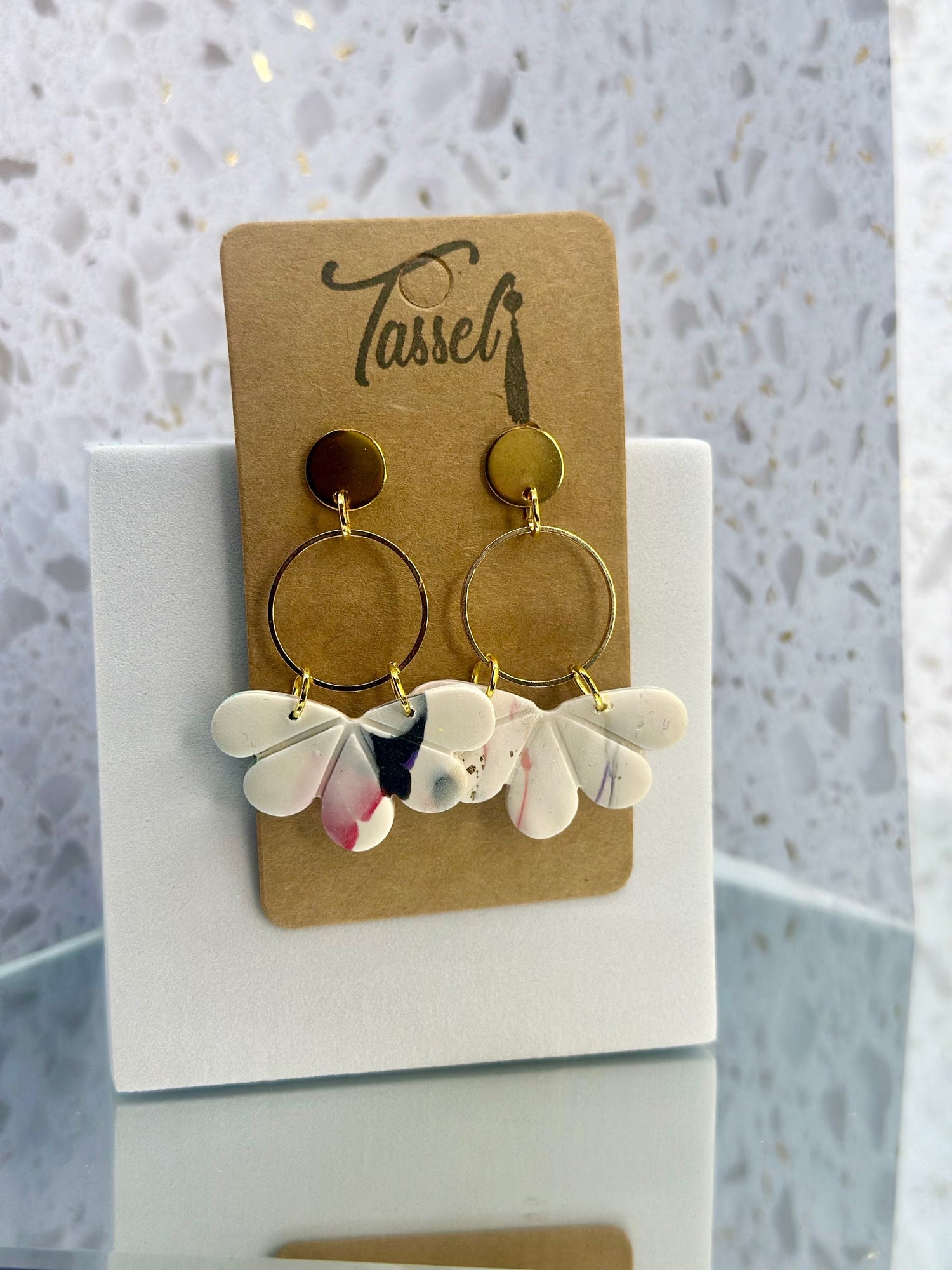 Emily scalloped flower earrings in white and moody pastels by Tassel Bermuda