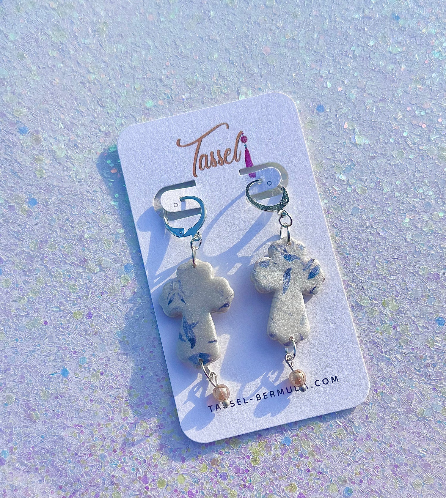 Evangeline polymer clay cross earrings with blue floral design and pearl