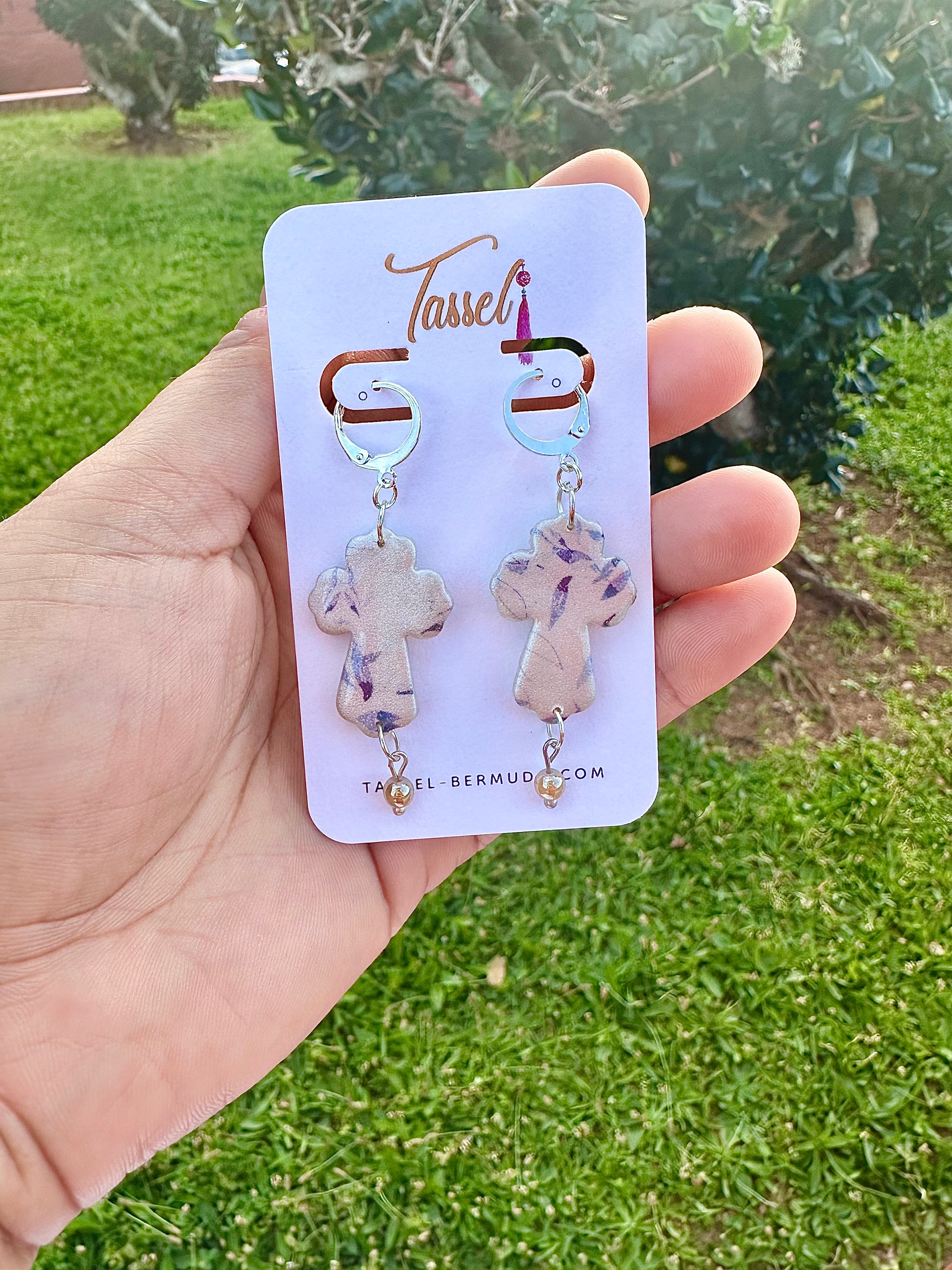 Evangeline polymer clay cross earrings with blue floral design and pearl