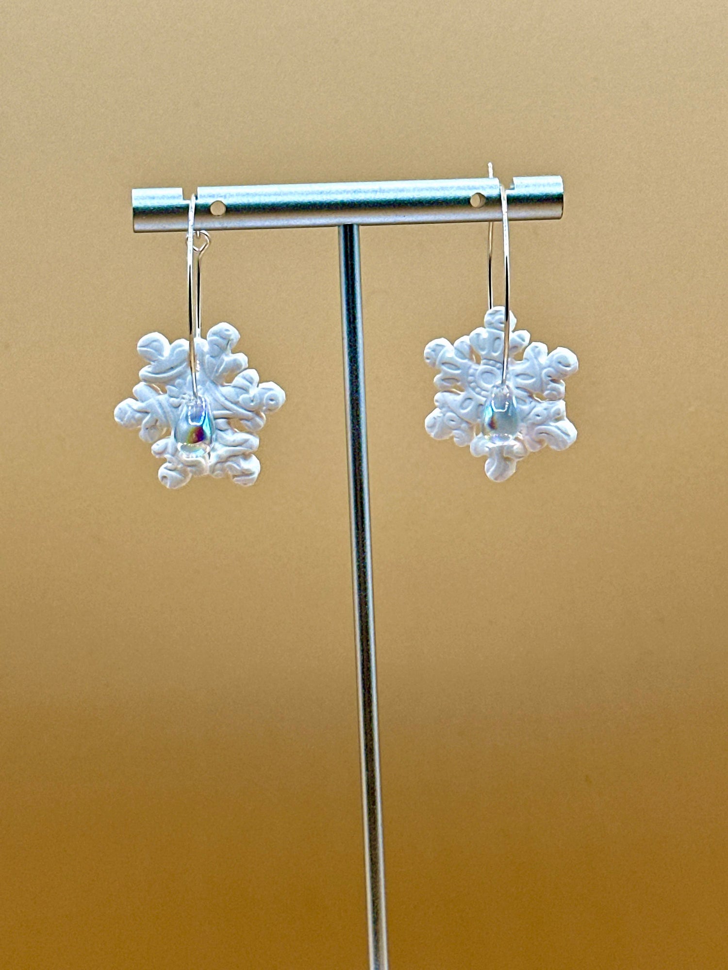 Handcrafted White Polymer Clay Snowflake Hoop Earrings with Water Drop Bead