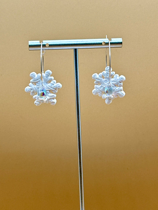 Handcrafted White Polymer Clay Snowflake Hoop Earrings with Water Drop Bead