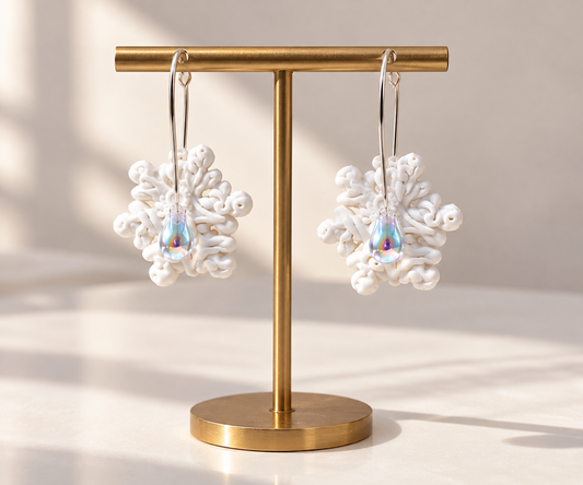Handcrafted White Polymer Clay Snowflake Hoop Earrings with Water Drop Bead