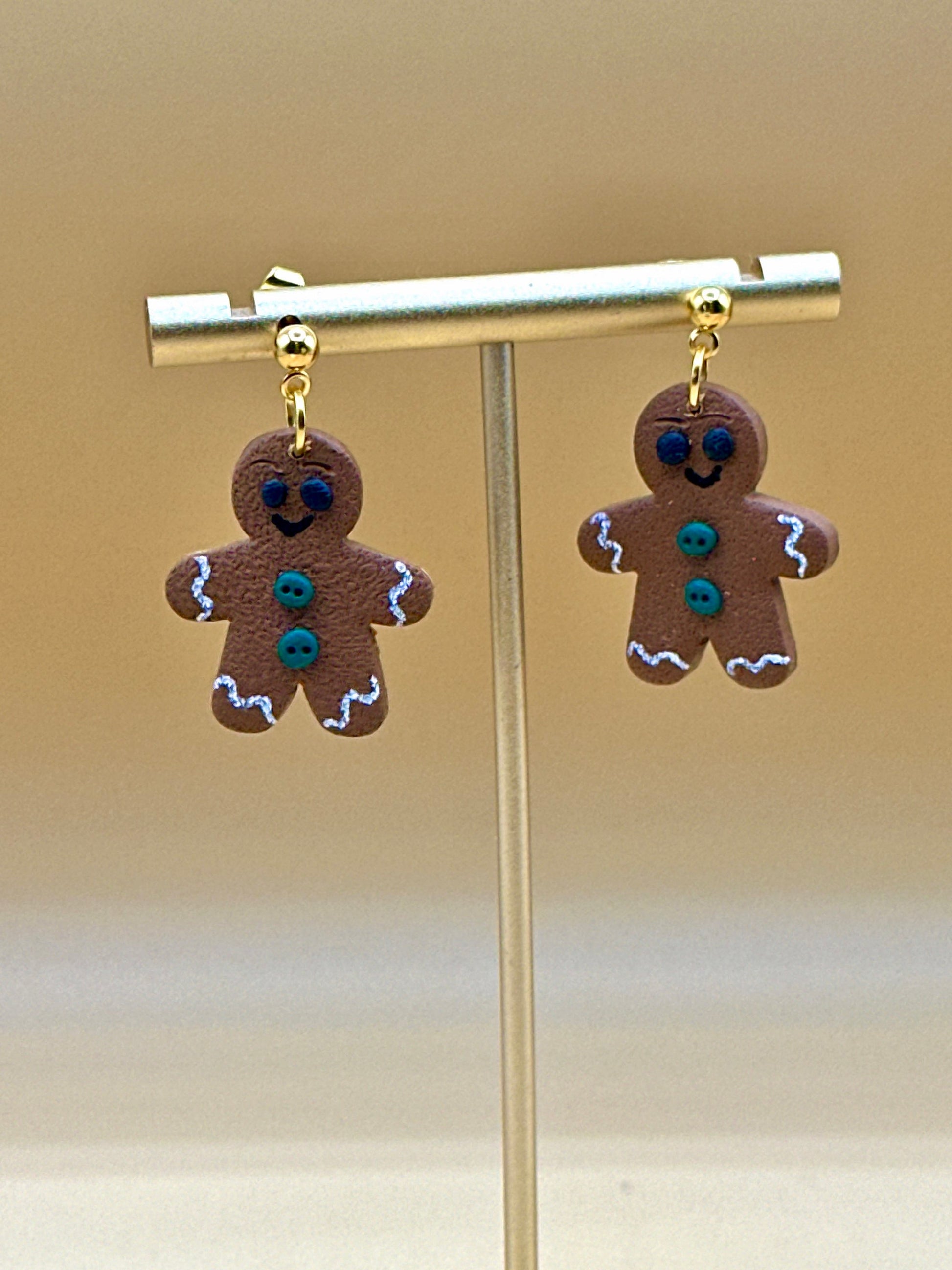 Handcrafted Brown Polymer Clay Gingerbread Man Dangle Earrings for Christmas
