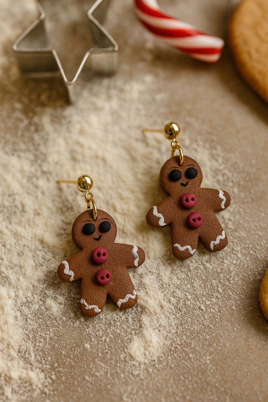 Gingerbread man earrings on a surface with cookie cutters and candy canes in the background