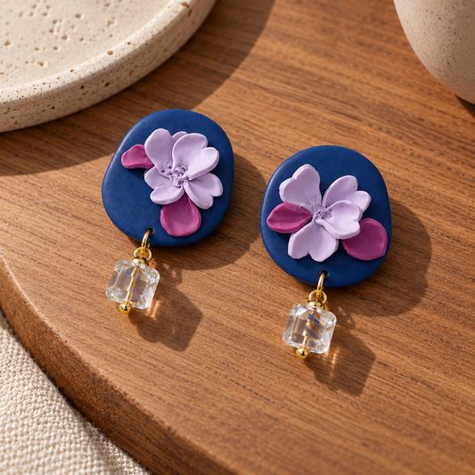 A pair of handmade dangle earrings with dark blue oval backing, featuring a light purple and magenta flower charm and a clear faceted crystal drop, displayed on a wooden surface.