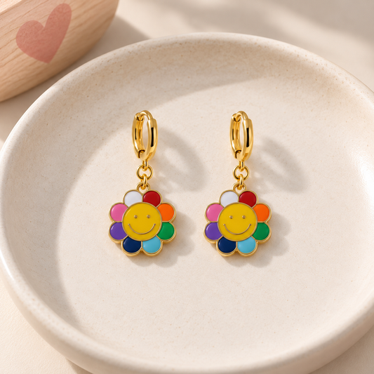 Groovy Flower rainbow smiley face kids huggie earrings by Tassel Bermuda