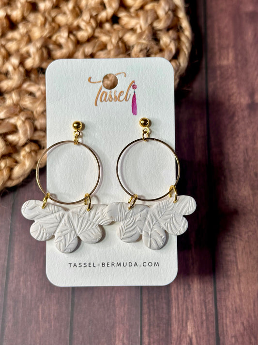 Ivory Grove polymer clay dangle earrings featuring soft ivory tones and delicate floral leaf-inspired designs, elegant and handcrafted.