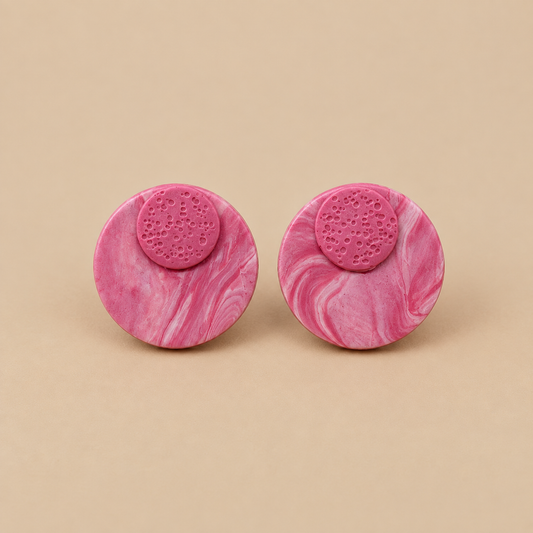 Kate pink marbled polymer clay jumbo stud earrings with textured circle detail handcrafted by Tassel Bermuda