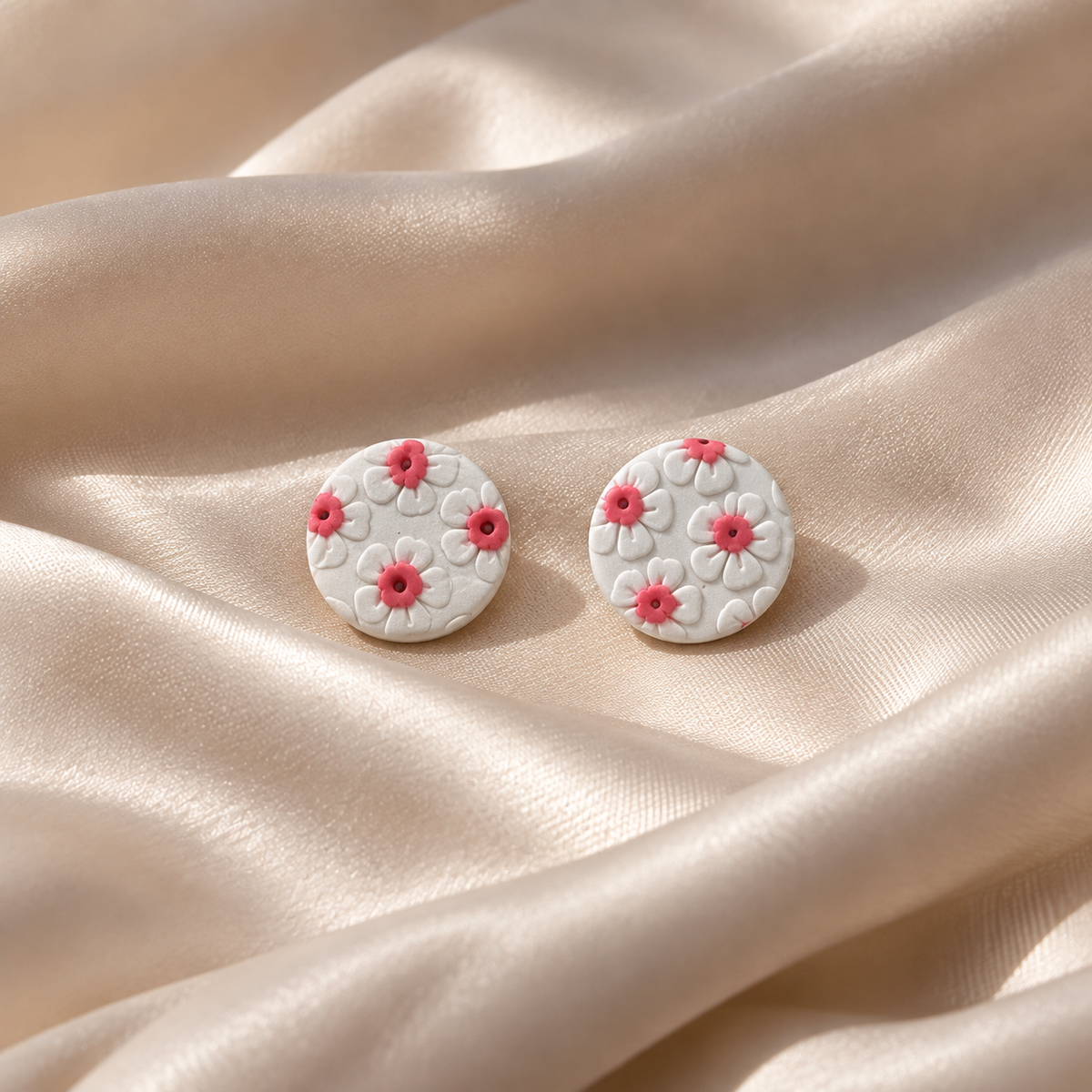 A pair of round white earrings decorated with embossed daisy-like floral patterns and small pink flower centers, displayed on draped champagne satin fabric.