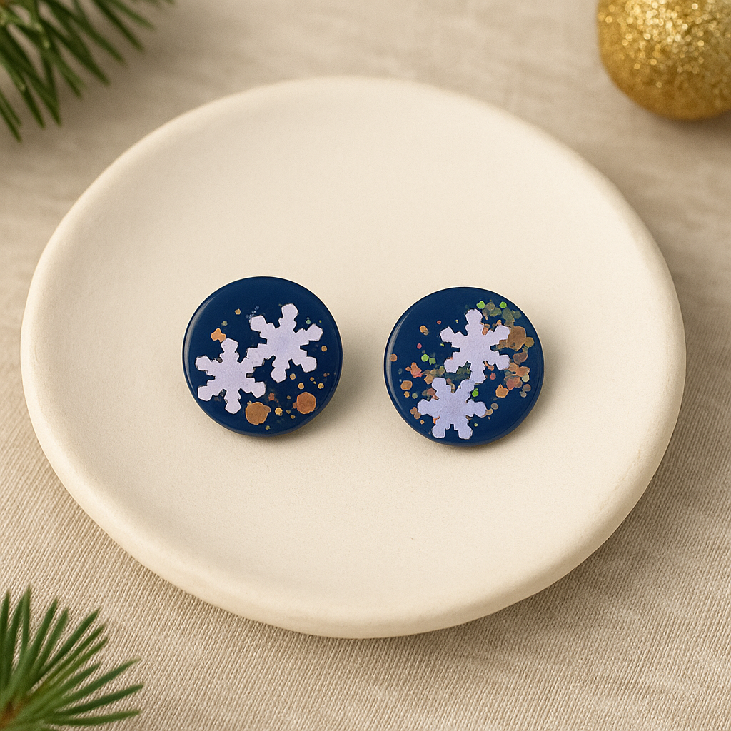 Midnight Frost polymer clay stud earrings in deep navy with shimmering frosted snowflake-like details and glossy resin finish.
