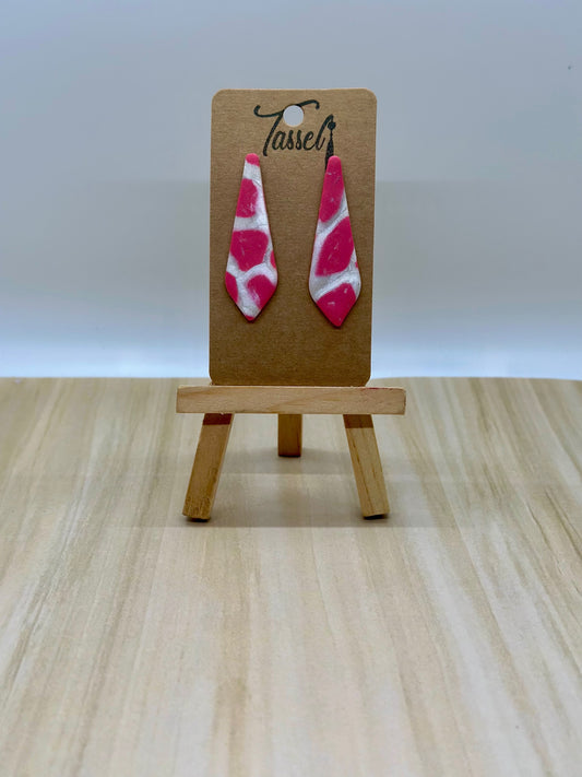 Miko polymer clay stud earrings featuring hot pink and pearl white marbled clay with shimmering finish.