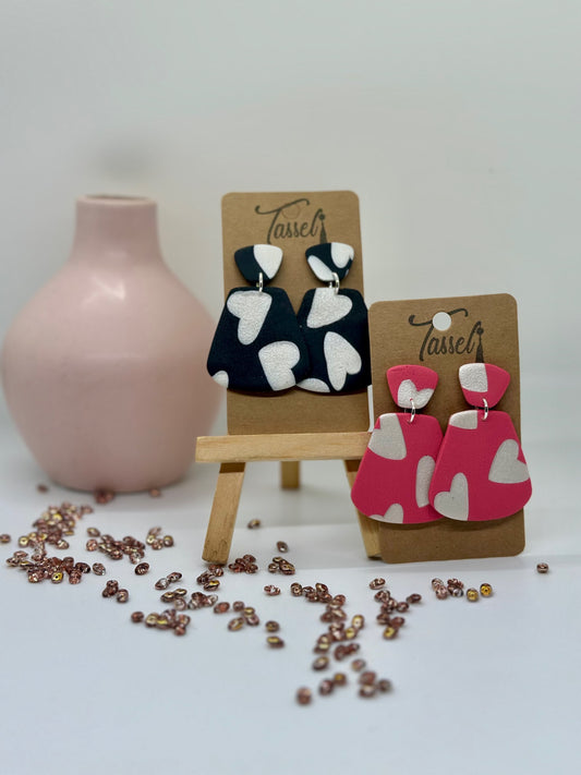 Mila polymer clay dangle earrings with shimmering heart details, available in two romantic colors, perfect for Valentine’s Day.