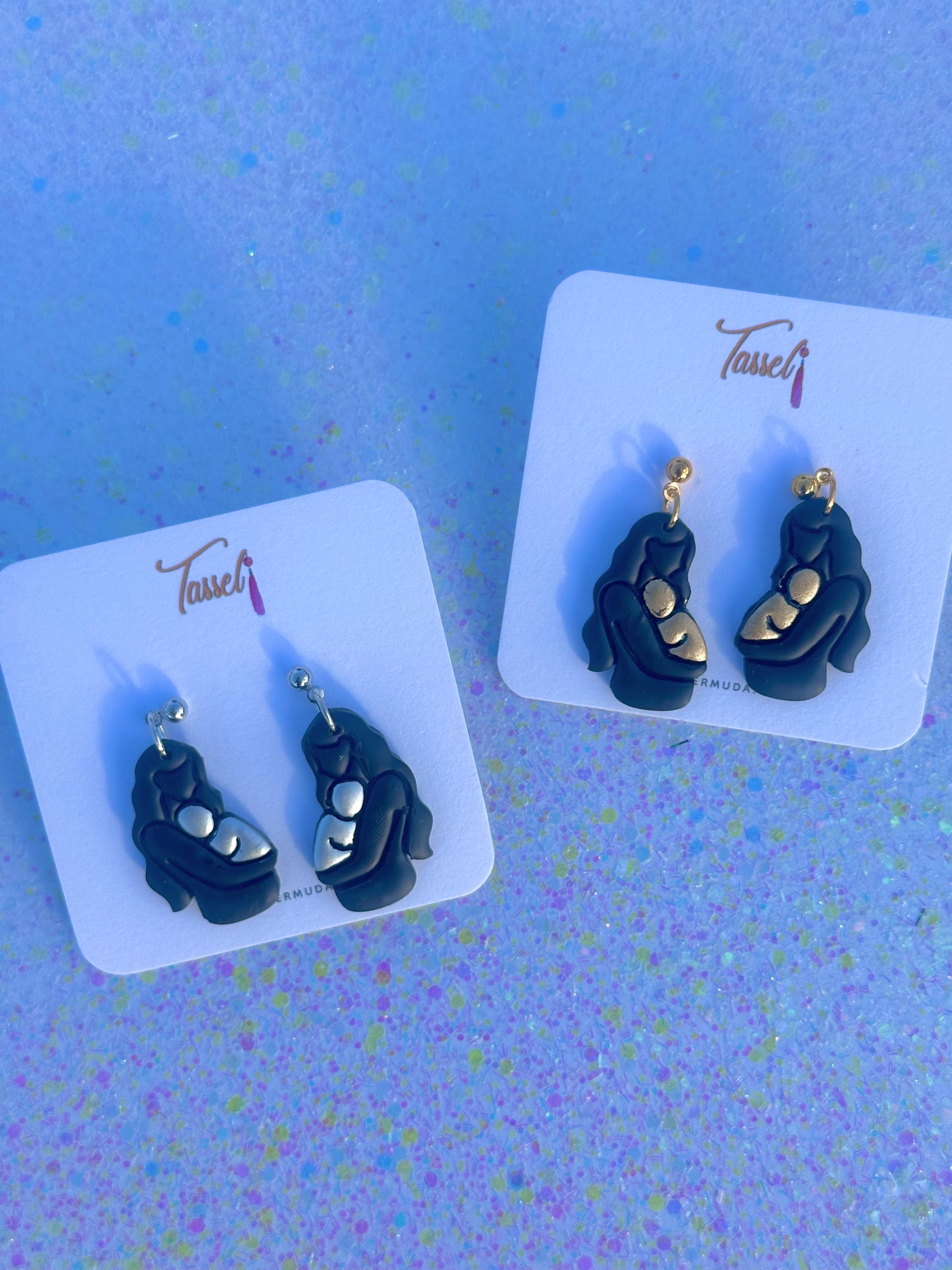 Mother and child silhouette earrings with hand-painted baby detail