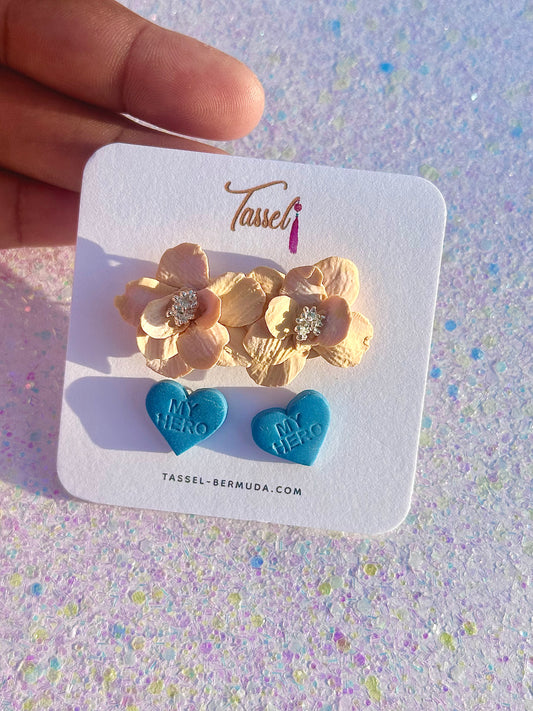 My Hero stud earring set with floral and heart polymer clay designs