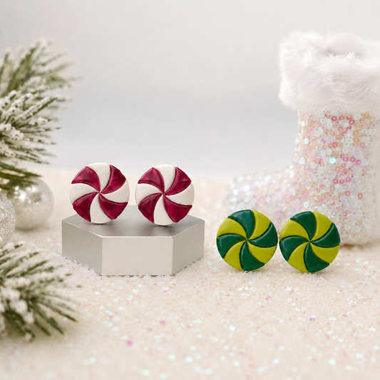 Handcrafted Peppermint Sweets polymer clay stud earrings inspired by festive Christmas candy by Tassel Bermuda.
